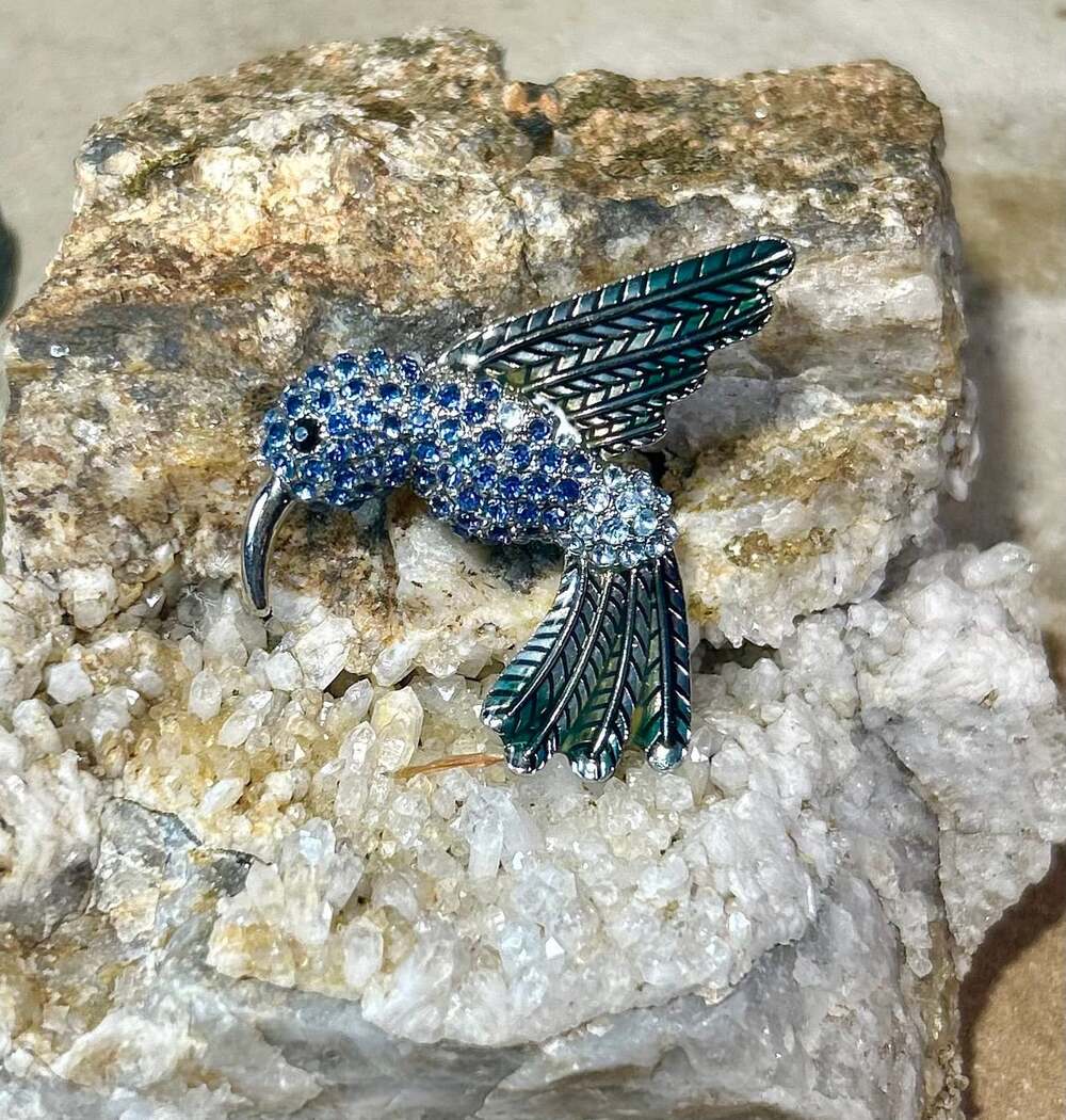 Hummingbird Brooch pin blue rhinestones silver tone metal